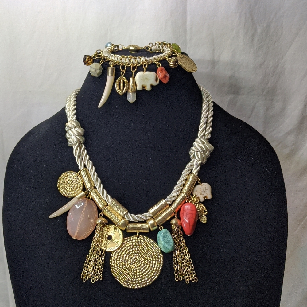 Chico's Satin Cord, Hammered Gold-tone Metal Charm Necklace And Bracelet Set